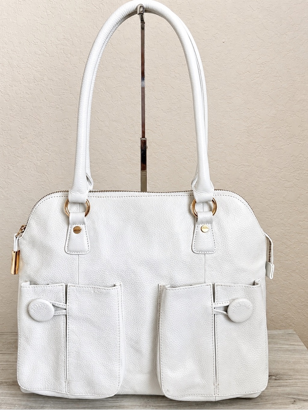 BODHI White Soft Satchel Pebbled Leather Dome Tote Bag Large Work Shoulder Bag